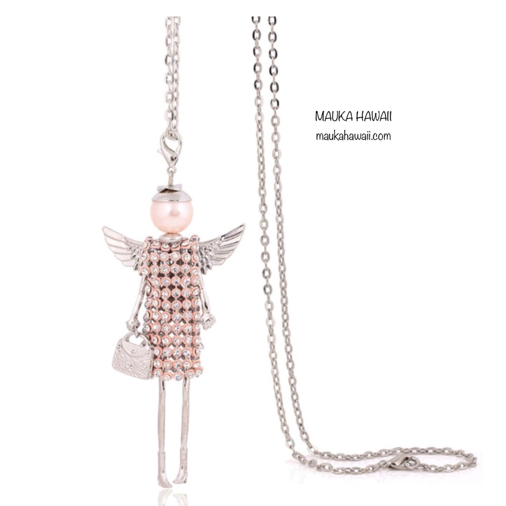Angel Wings Pearl Girl Rose Gold Rhinestone Figurine Necklace w 27 in Chain New!